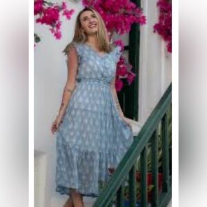 NWT Chelsea & Theodore Lightweight Short Sleeve Blue/White Tiered Midi Dress M